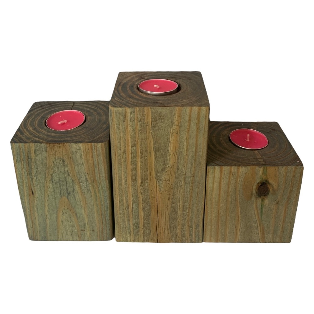 Handmade Wooden Tea Light Candle Holder Set Of 3 Rustic Cabin Decor Gift Set